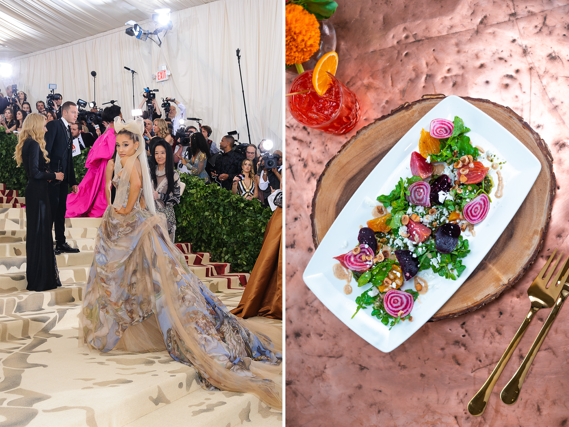 Foto: Tucker Horan Media/Shutterstock, Sky Cinema/Shutterstock met-galan där ariana grande gör entré med en vegansk lyxrätt på en bild bredvid