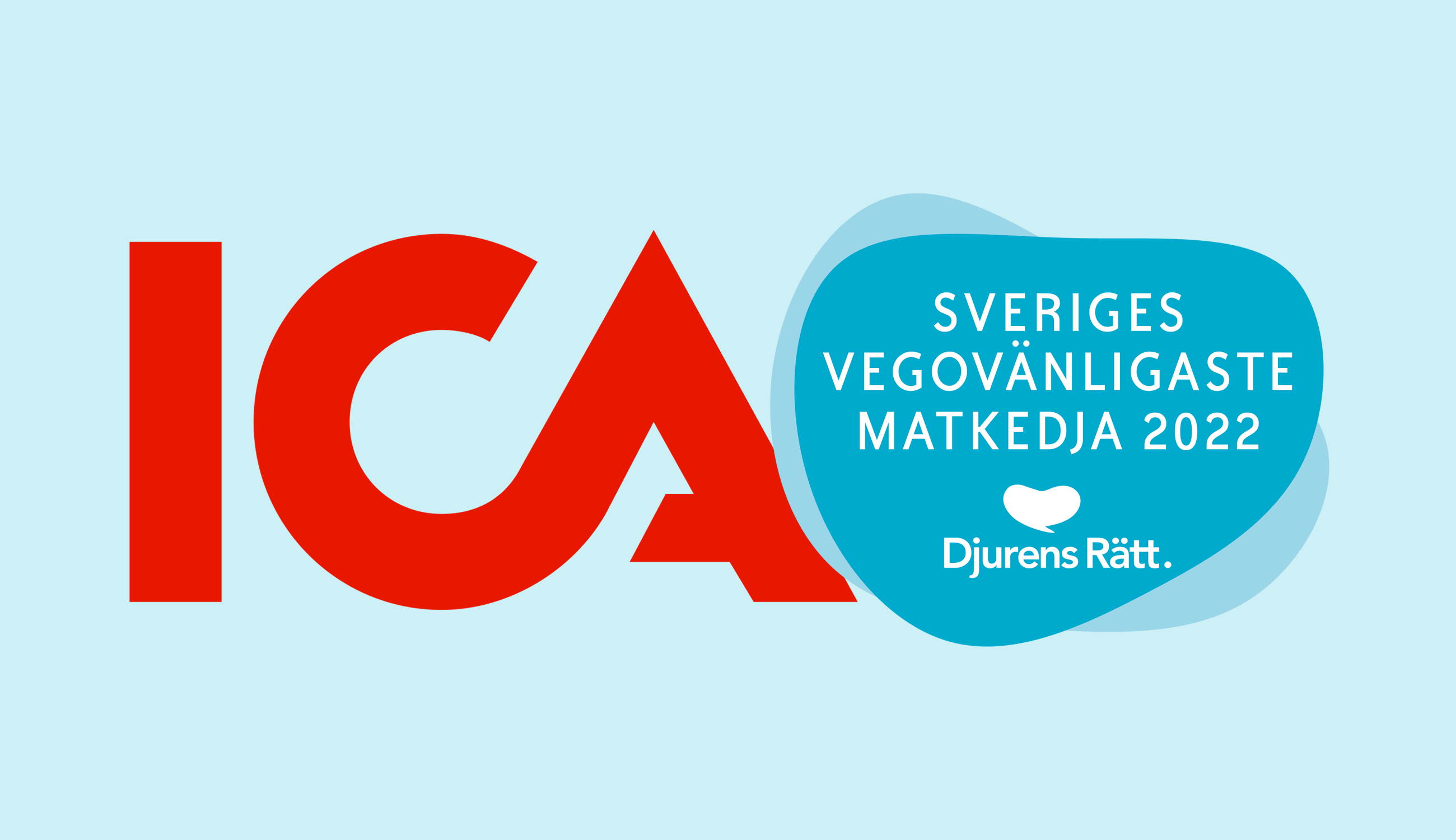 ICA loggan och en logga där det står "sveriges vegovänligaste matkedja 2022" mote en ljusblå bakgrund