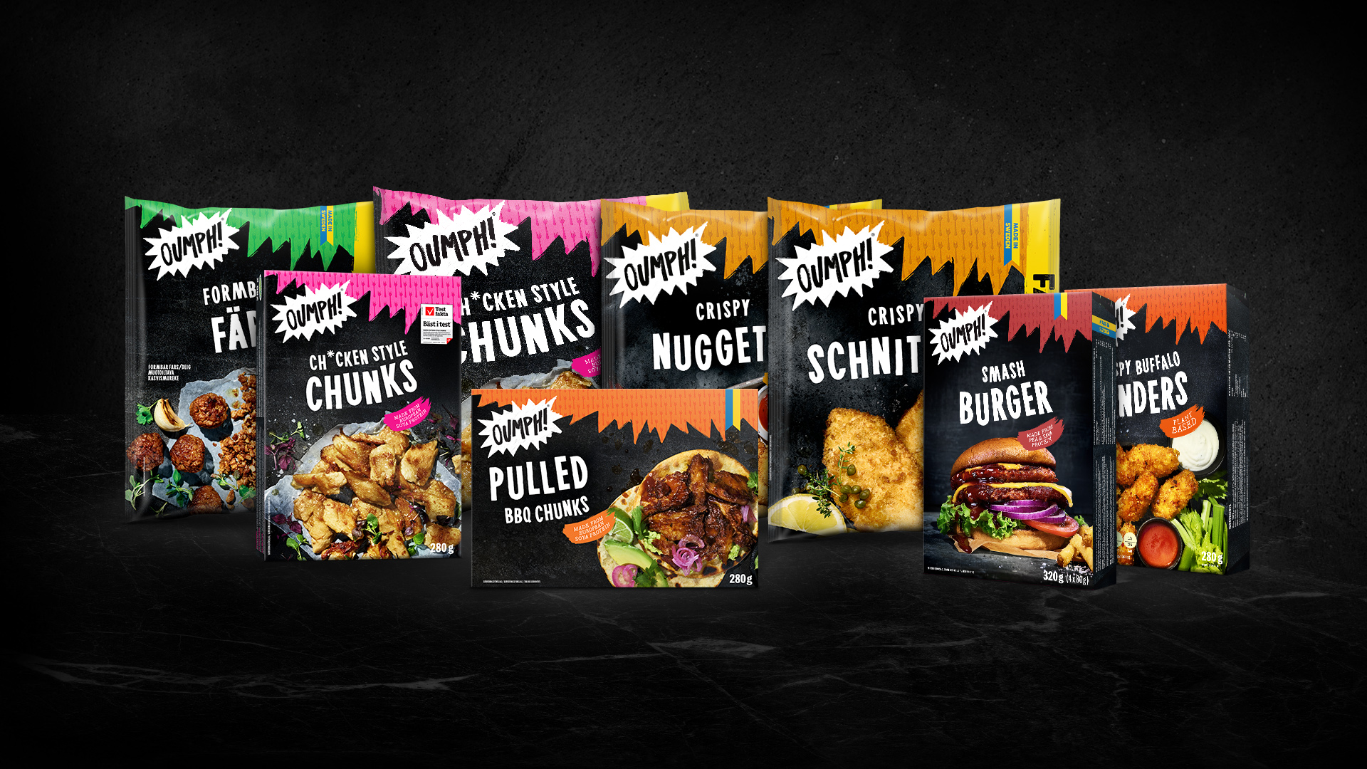 8 veganska produkter mot en svart bakgrund