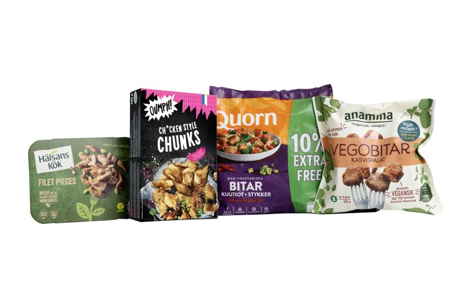 Fyra vegoprodukter mot en vit bakgrund