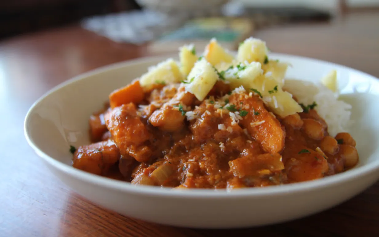 Starksöt gryta med ris och ananasbitar på en vit tallrik.