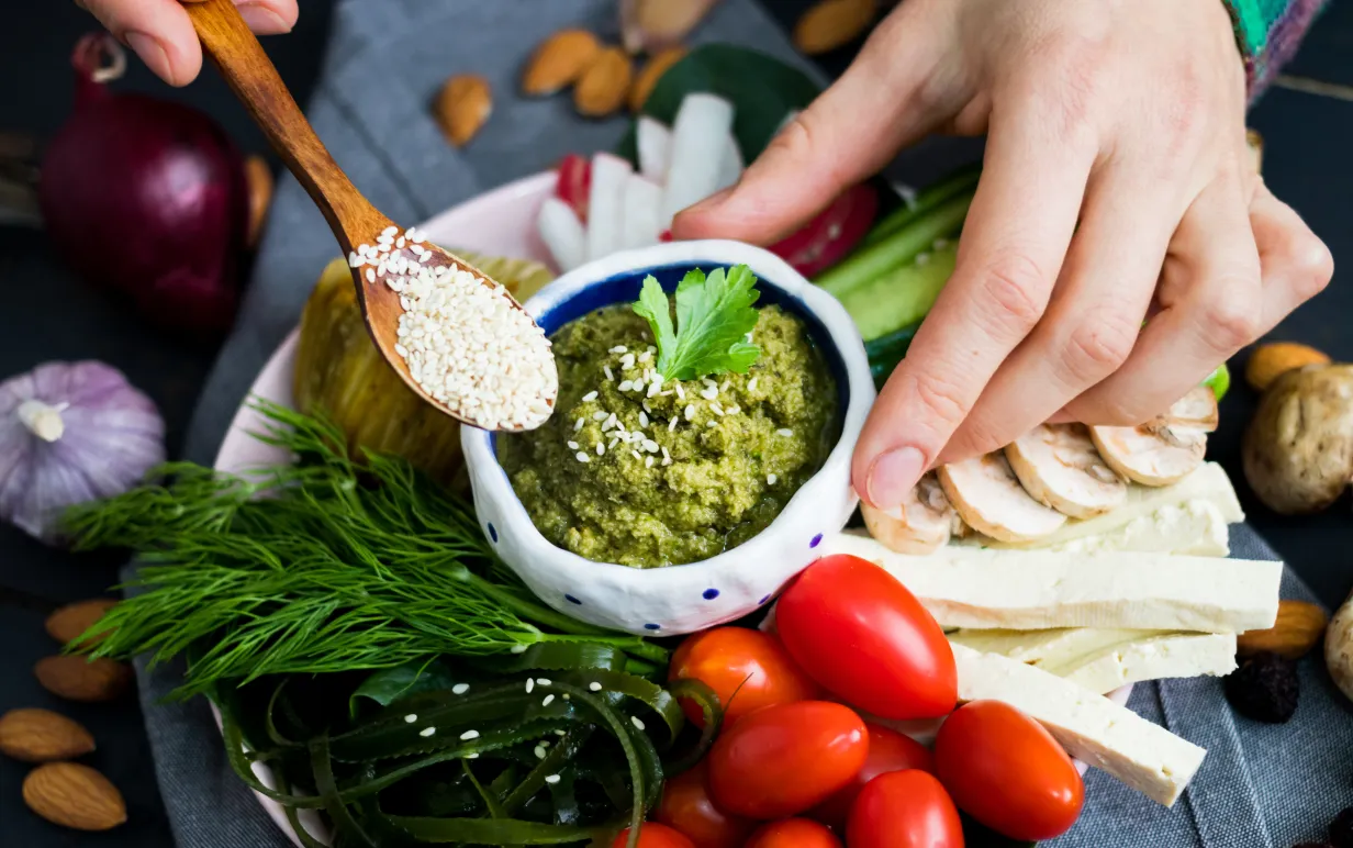 En skål med avokadoröra med semsamsmak står i mitten av en tallrik fylld med färska grönsaker.