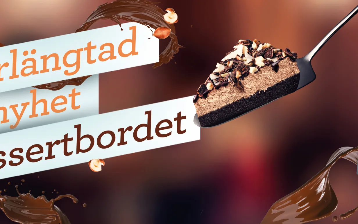 Text "efterlängtad nyhet på dessertbordet" intill en chokladtårta.