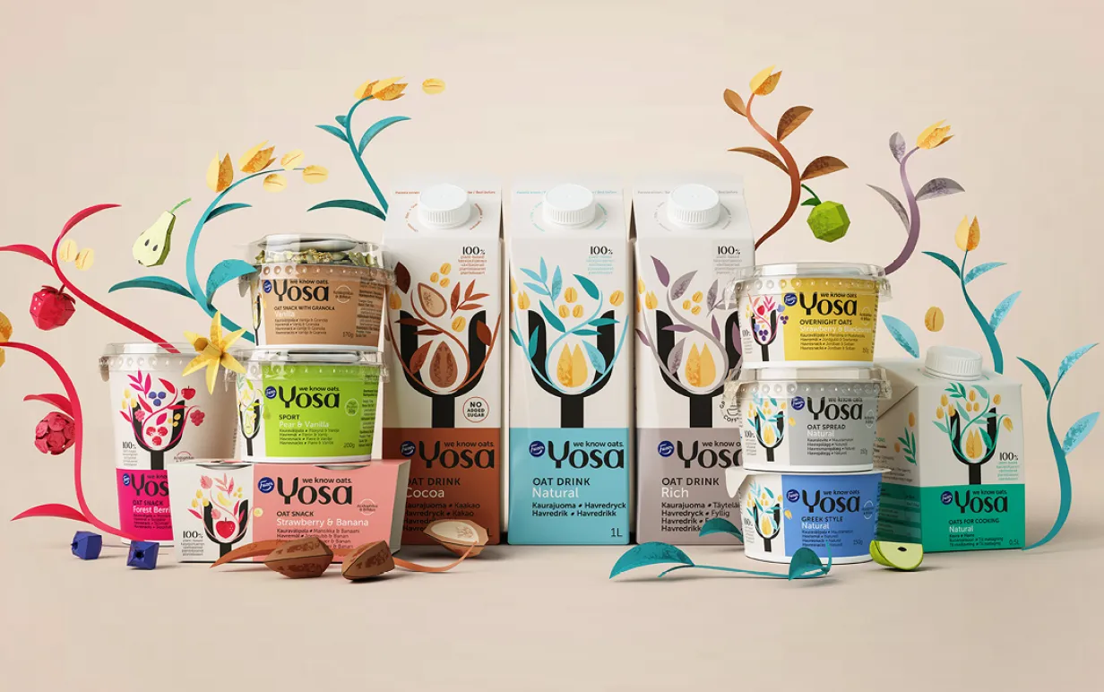 gruppbild på veganska havreprodukter från Yosa