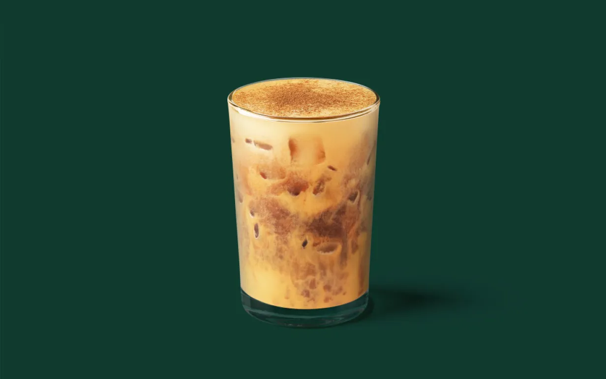 Ett glas med pumkin spice latte, kan fås veganskt