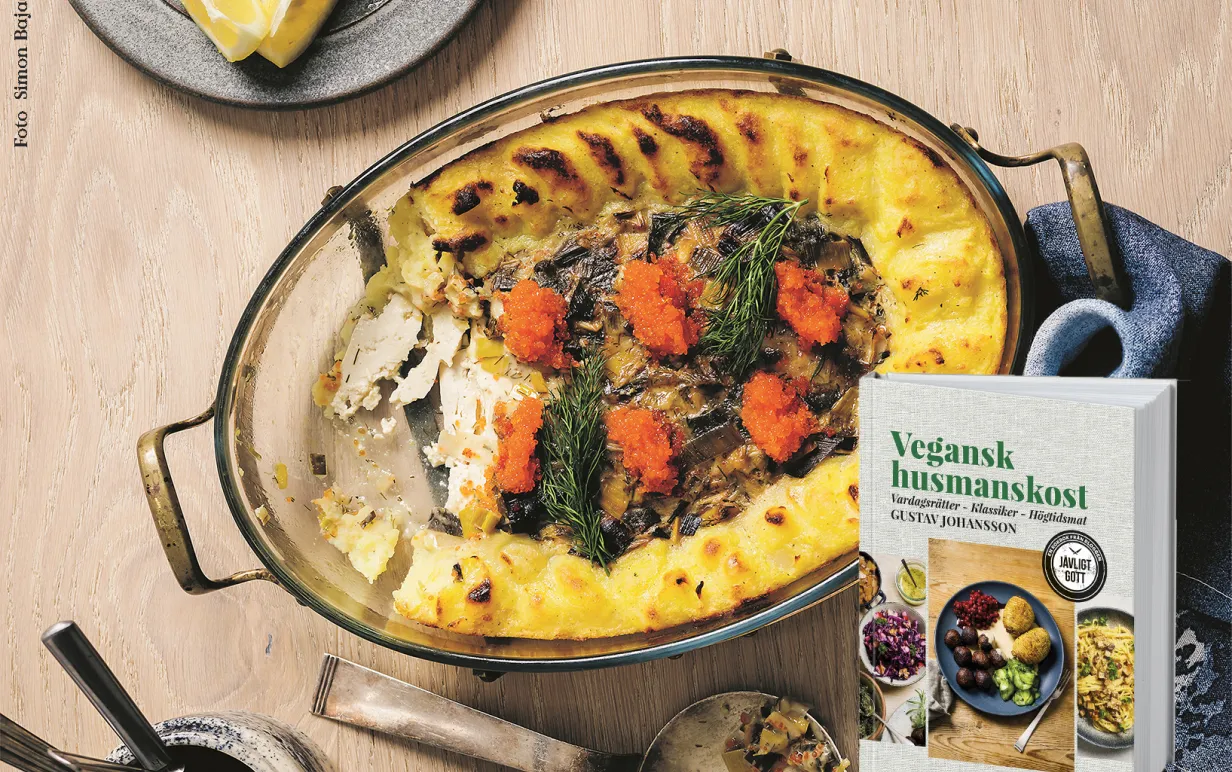 vegansk fiskgratäng och bokomslag