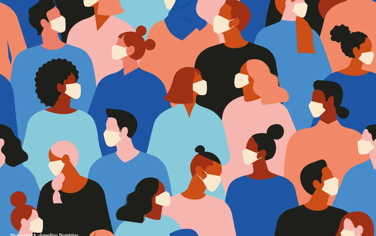 Olika tecknade ansikten som bär munskydd