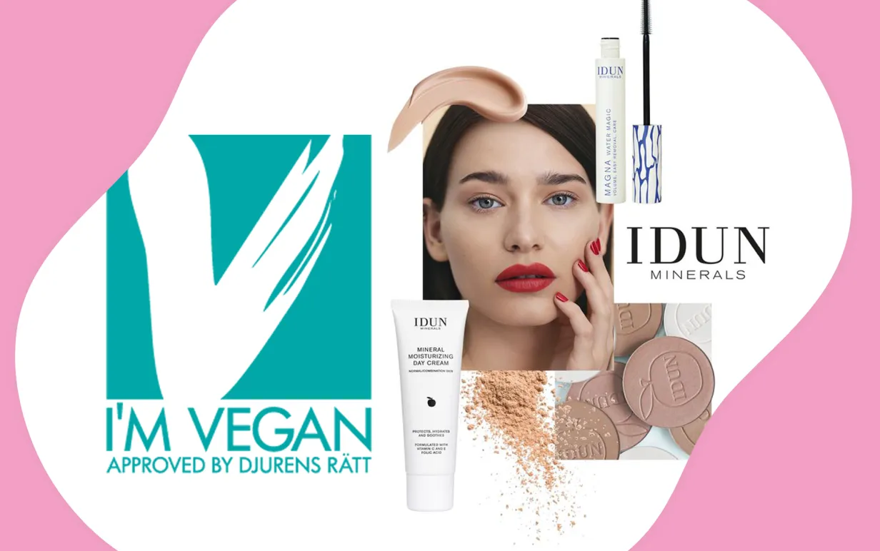 Djurens Rätts I'M VEGAN-logga samt ett collage med sminkbilder från IDUN minerals