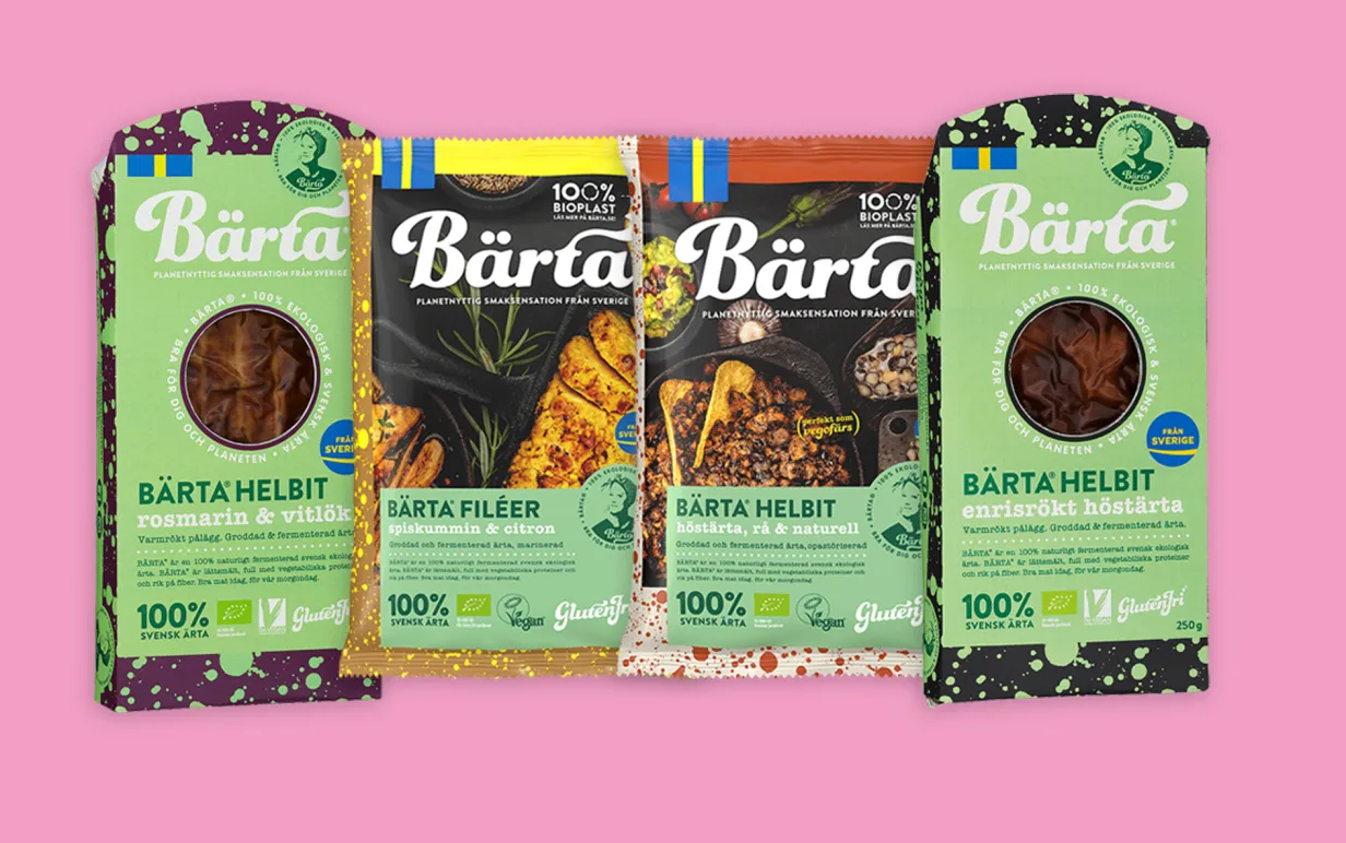 Fyra nya produkter från Bärta på rad, mot rosa bakgrund