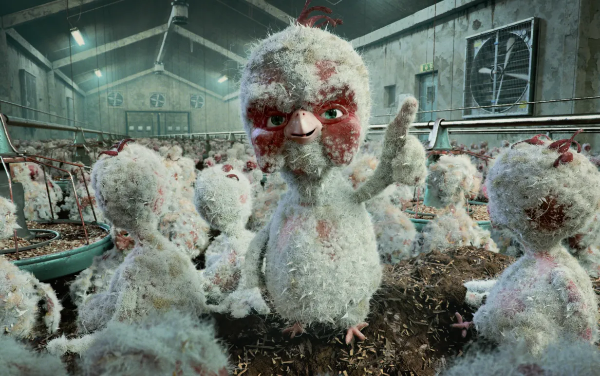 Animerad kyckling i kycklingstall, från kortfilmen "Världens bästa djurskydd".