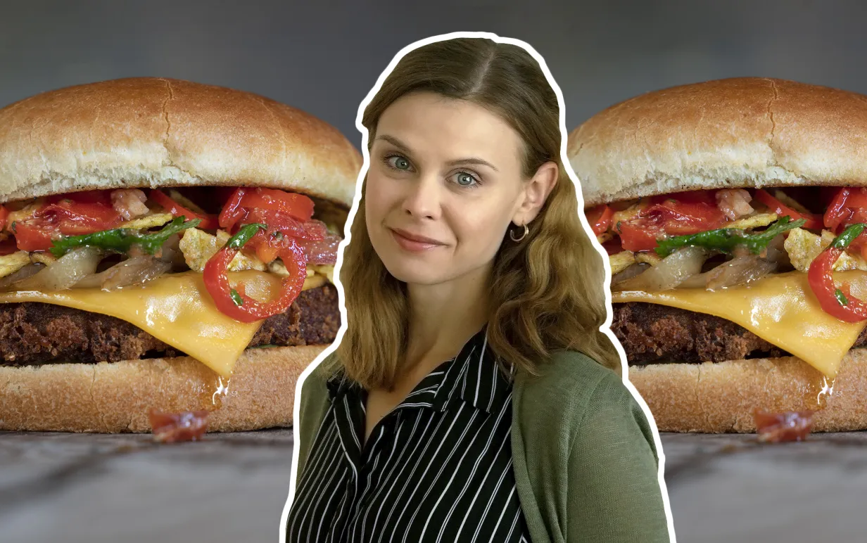 BORES veganska "månadens burgare" Vegan FriYay, med Välj Vegos redaktör Matilda Andersson inklippt i bild.