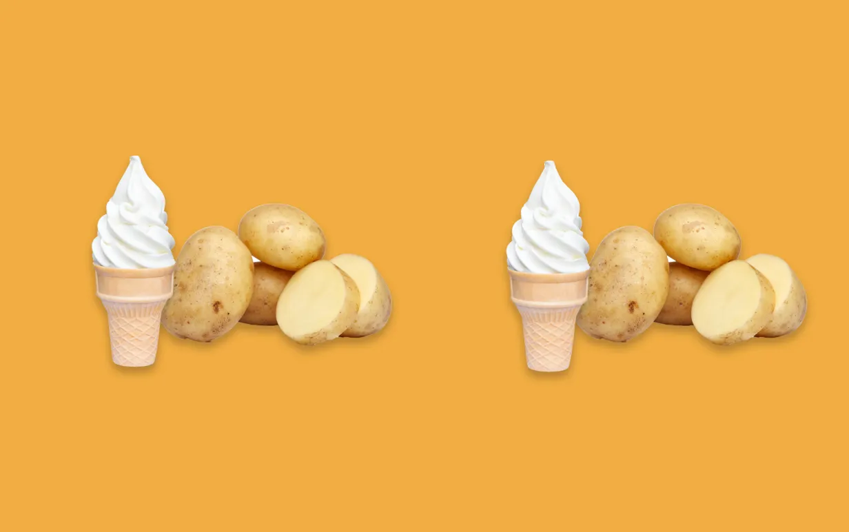 Mjukglass i rån och rå potatis uppradade mot en gul bakgrund.