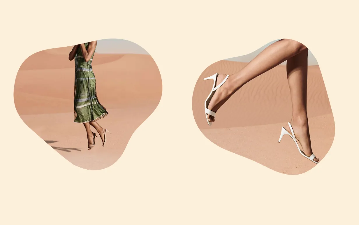 två foton med modeller som visar upp skor i öknen urklippta mot en ljusgul bakgrund.
