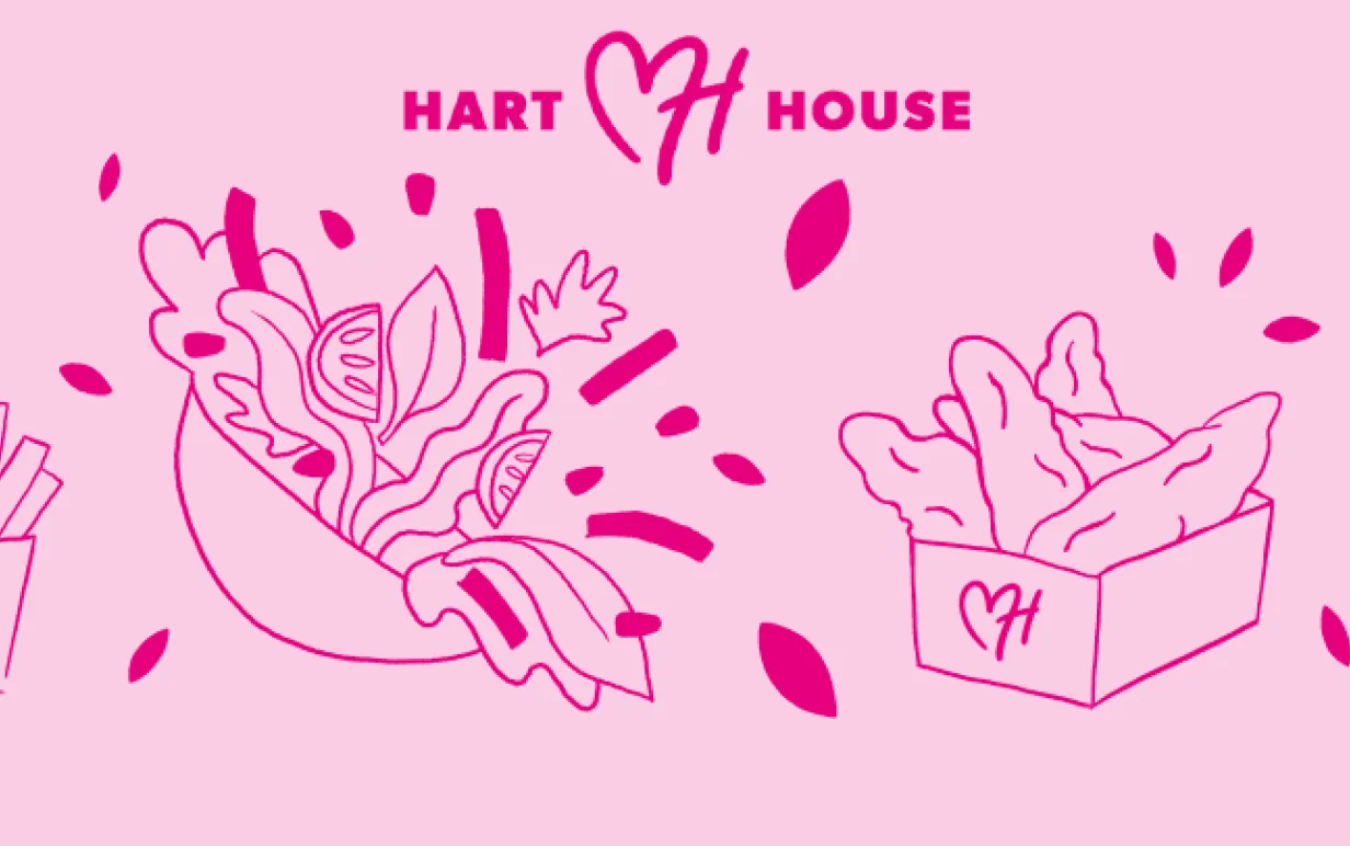 Ritade burgare, sallader, pommes och skakes i mörkrosa mot en ljusrosa bakgrund.