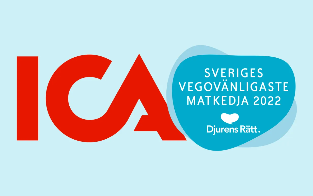 ICA loggan och en logga där det står "sveriges vegovänligaste matkedja 2022" mote en ljusblå bakgrund