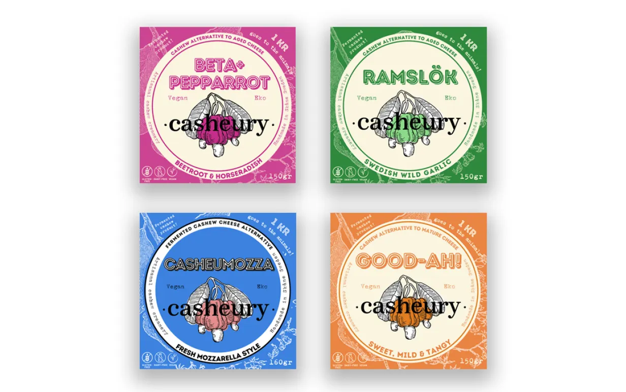 fyra veganska dessertostar mot en vit bakgrund