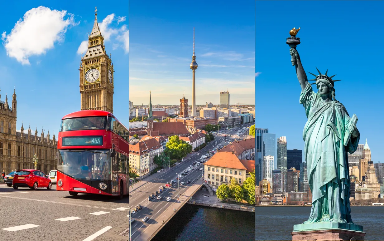 Översiktsvyer på London, Berlin och New York.