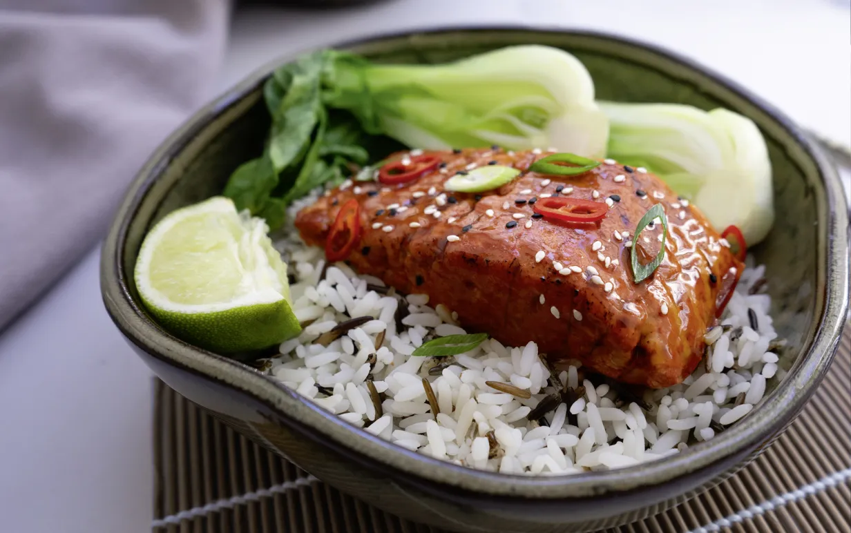 Vegansk 3D printad lxfilé på en tallrik med ris