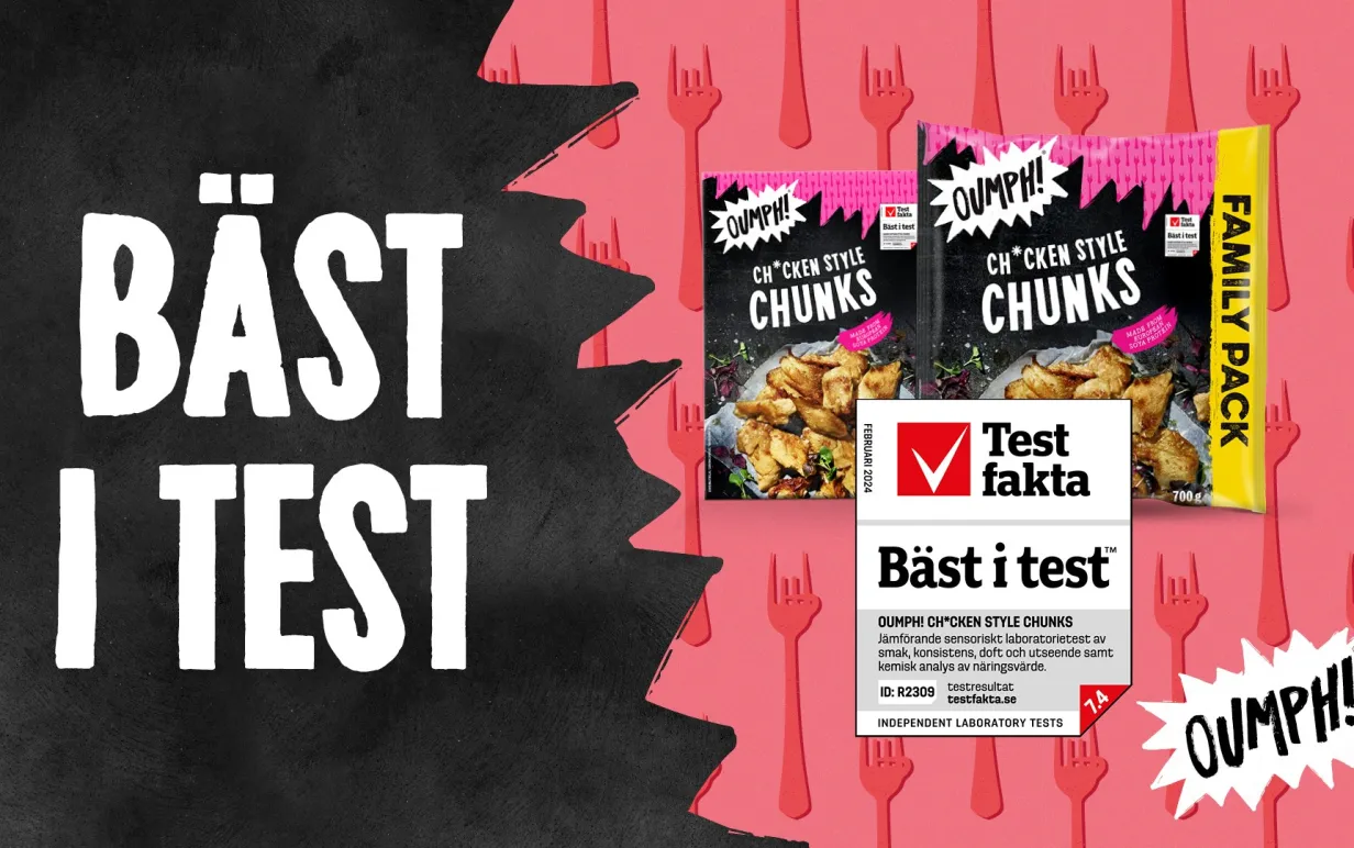 En poster där det står &quot;bäst i test&quot; men två produkter från veganska märket Oumph!