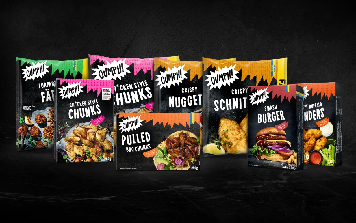 8 veganska produkter mot en svart bakgrund