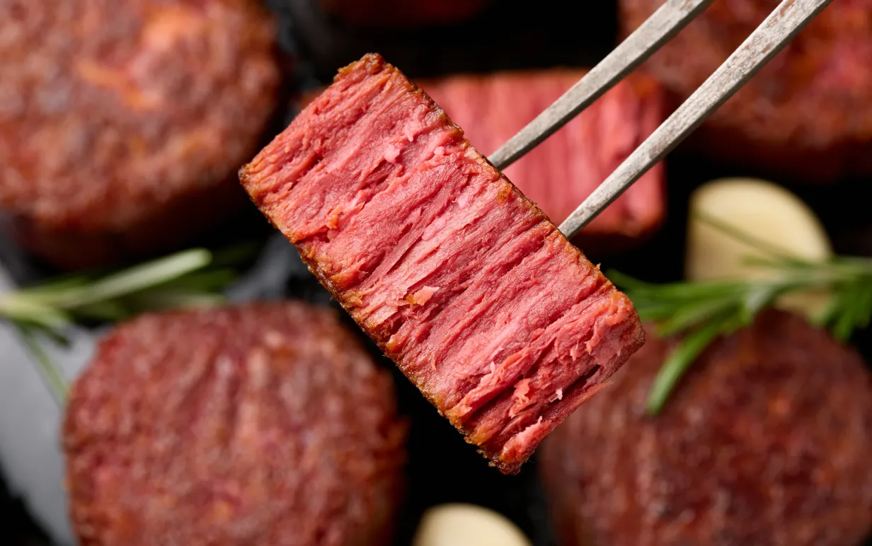 Slices of plant based vegan meat steak on meat fork. Alternatives meat. Eco friendly healthy food,