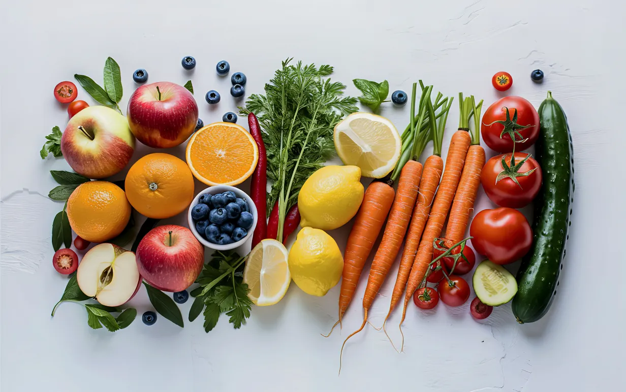 Frukt och grönt uppradat på ett vitt bord