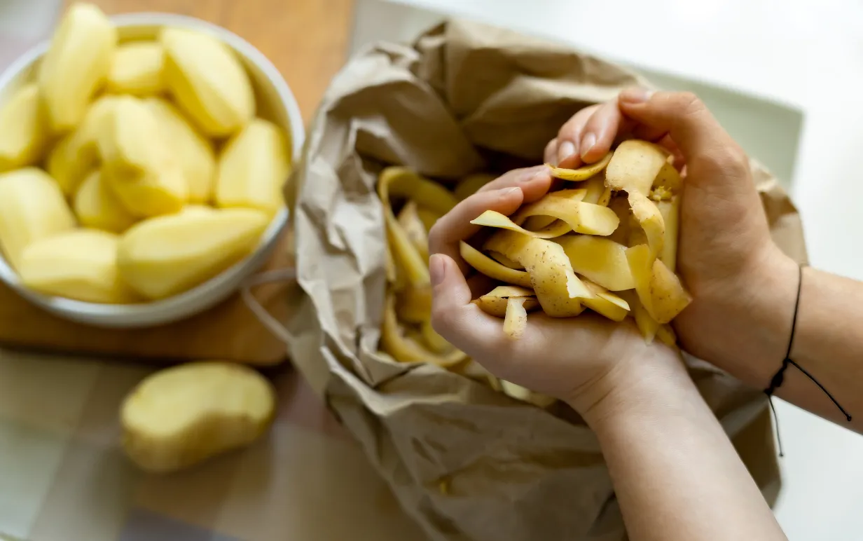 Kvinnliga händer kastar ekologiska potatisskinn i en papperspåse för vidare bearbetning av organiskt avfall. Sortering och återvinning av sopor.