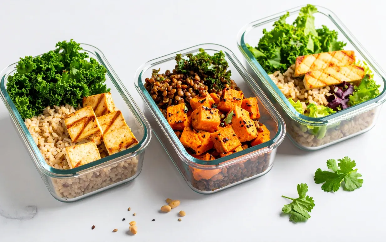 Tre klara glasmåltidsbehållare innehåller nyttiga veganska luncher med råris, grillad tofu, linser, rostad sötpotatis och färska grönsaker.