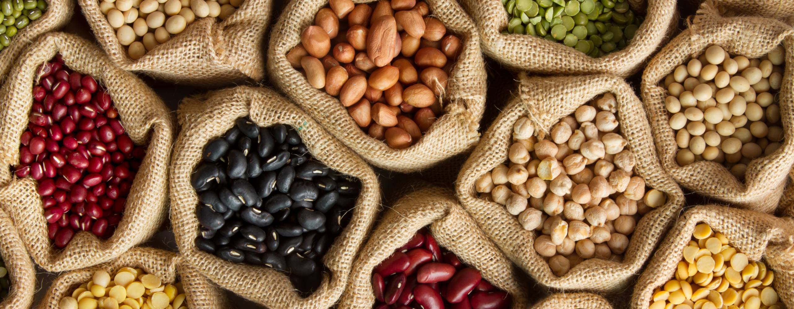 Flera olika sorters baljväxter i små säckar