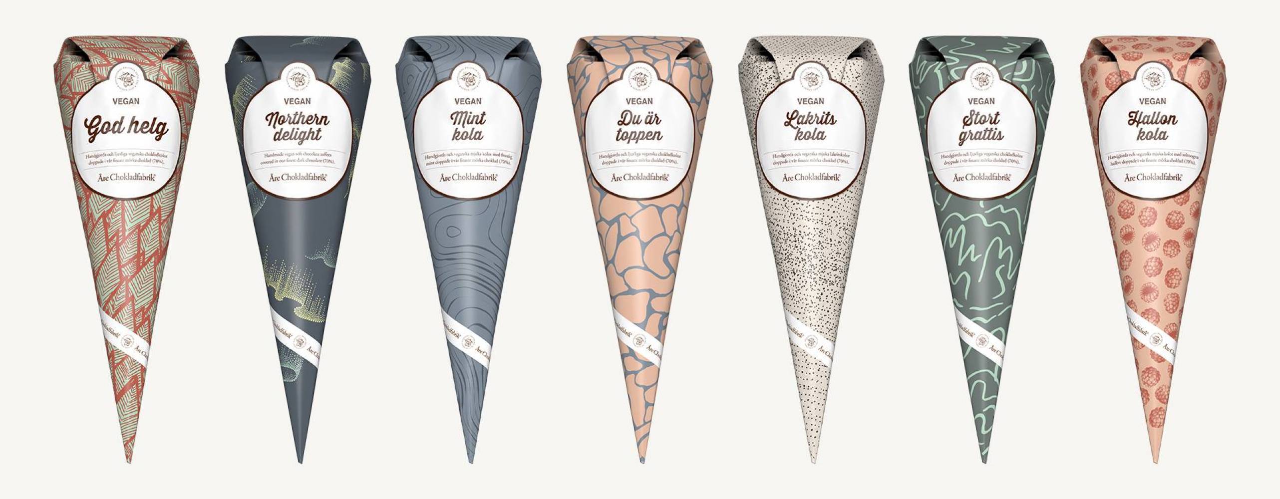 sju förpackningar kolor från Åre chokladfabrik
