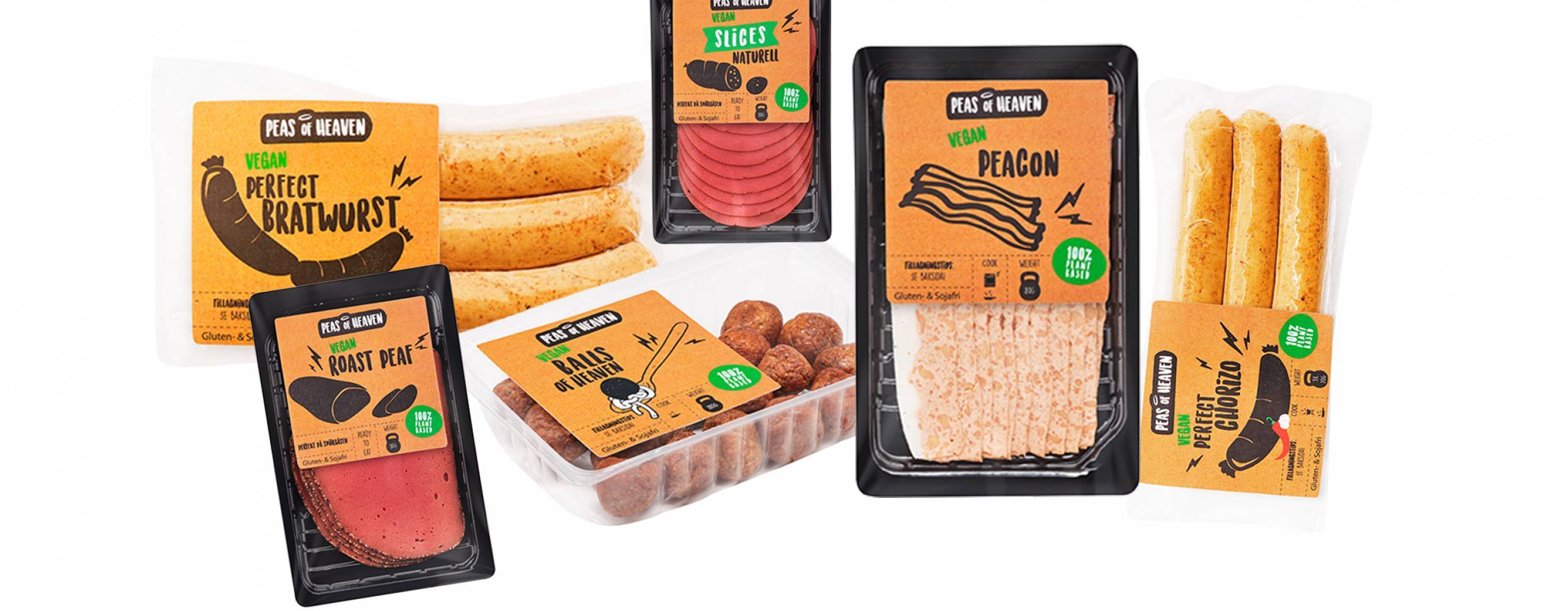 sex olika veganska produkter från Peas of heaven