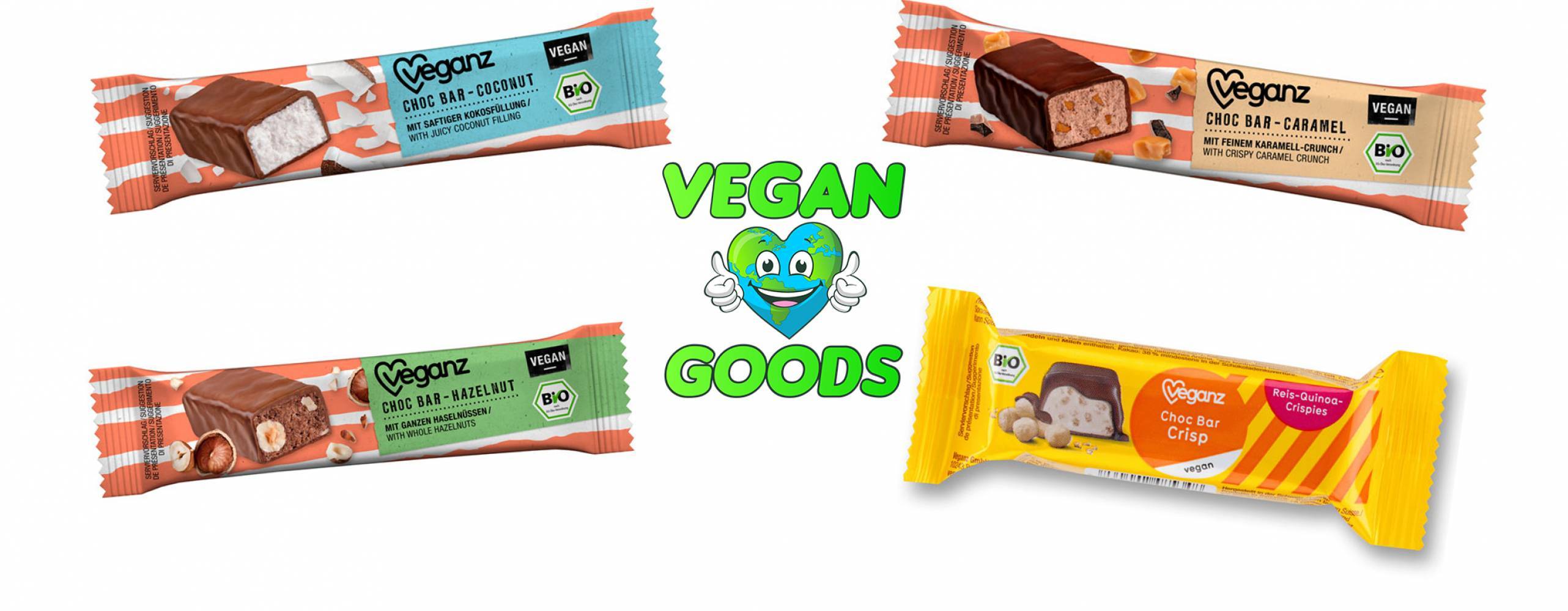 Veganska styck choklad från Veganz med Vegan goods logga