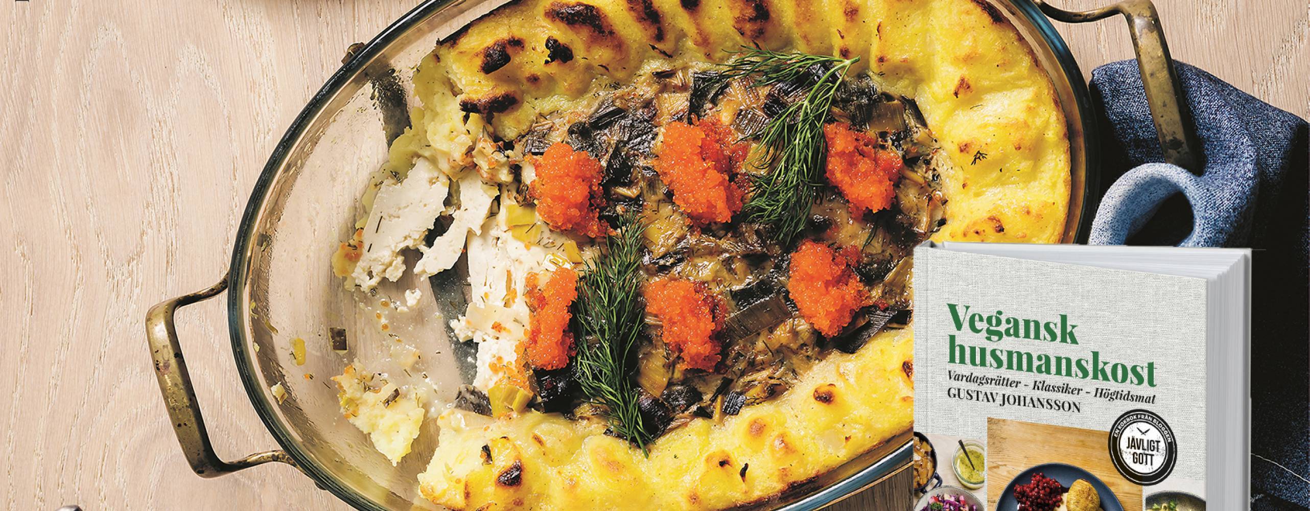 vegansk fiskgratäng och bokomslag