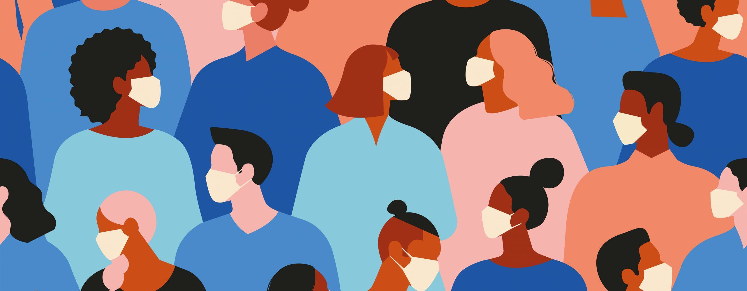 Olika tecknade ansikten som bär munskydd