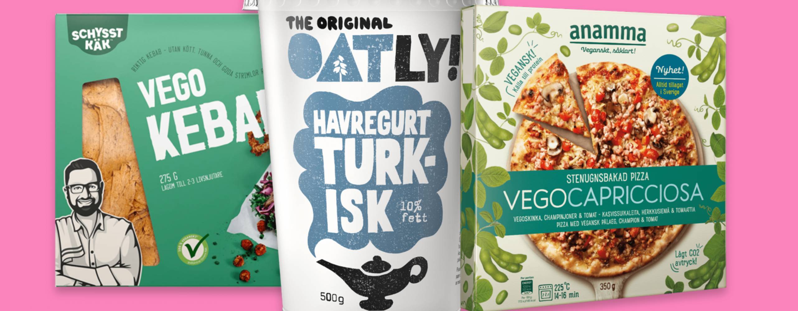 Vegokebab, havegurt och vegopizza mot rosa bakgrund