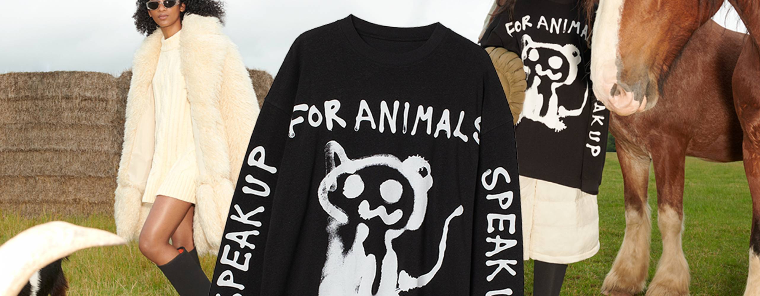 Modefoton från kollektionen Co-Exist Story, samt inklippt tröja med texten "Speak up for animals"