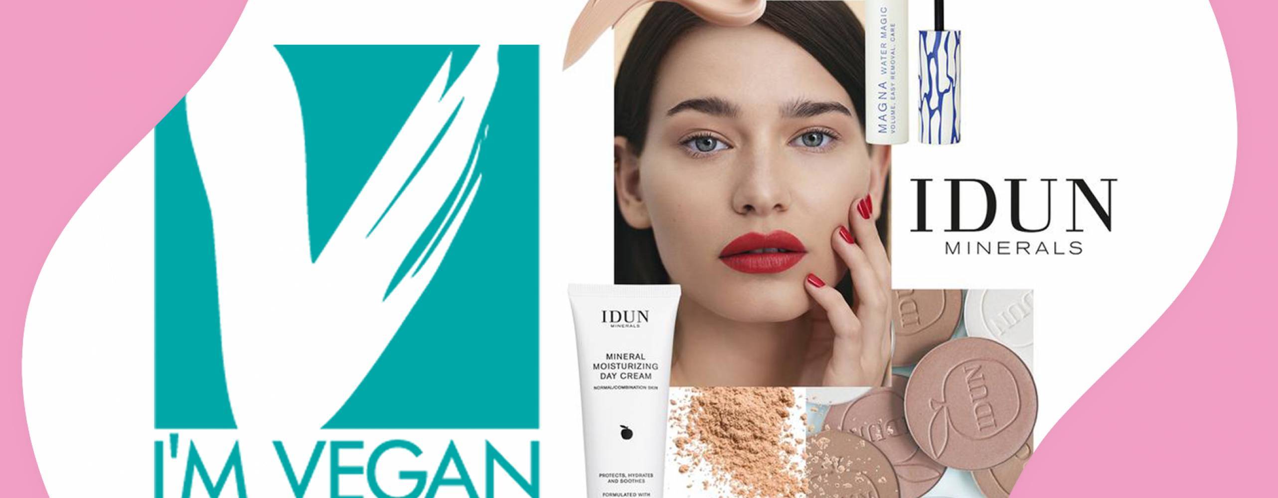 Djurens Rätts I'M VEGAN-logga samt ett collage med sminkbilder från IDUN minerals