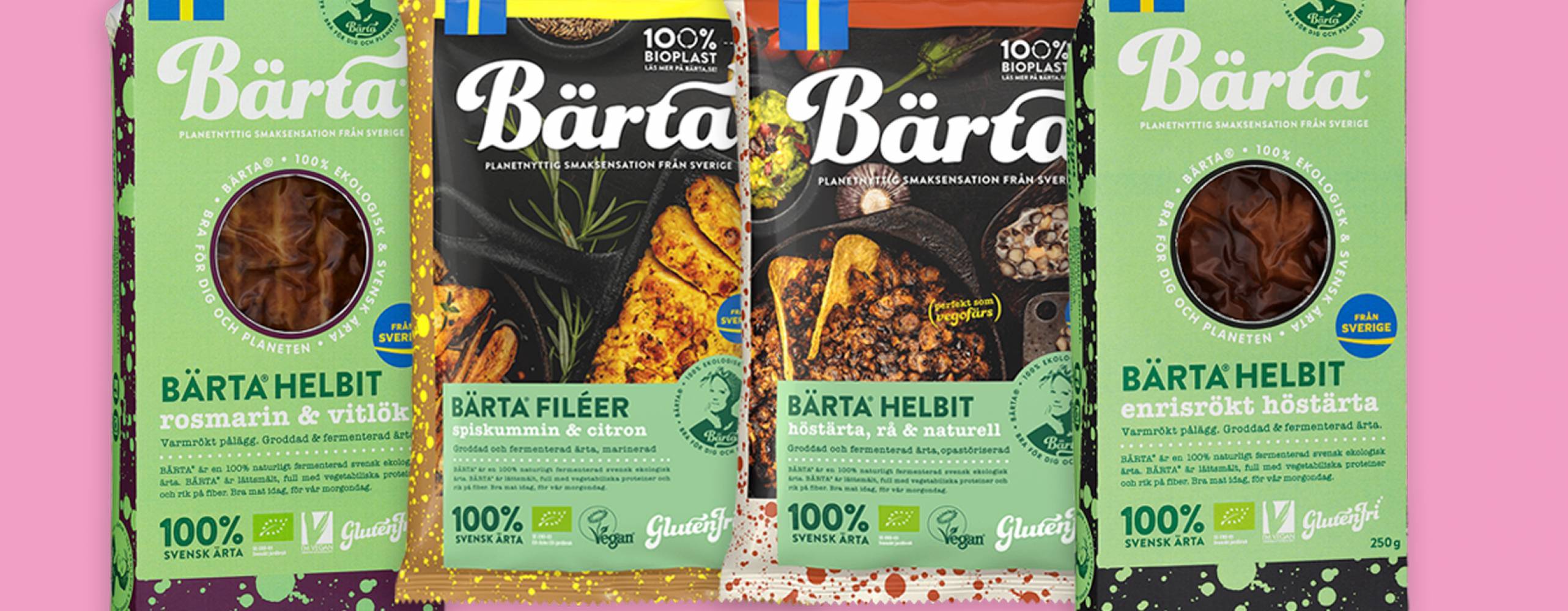 Fyra nya produkter från Bärta på rad, mot rosa bakgrund