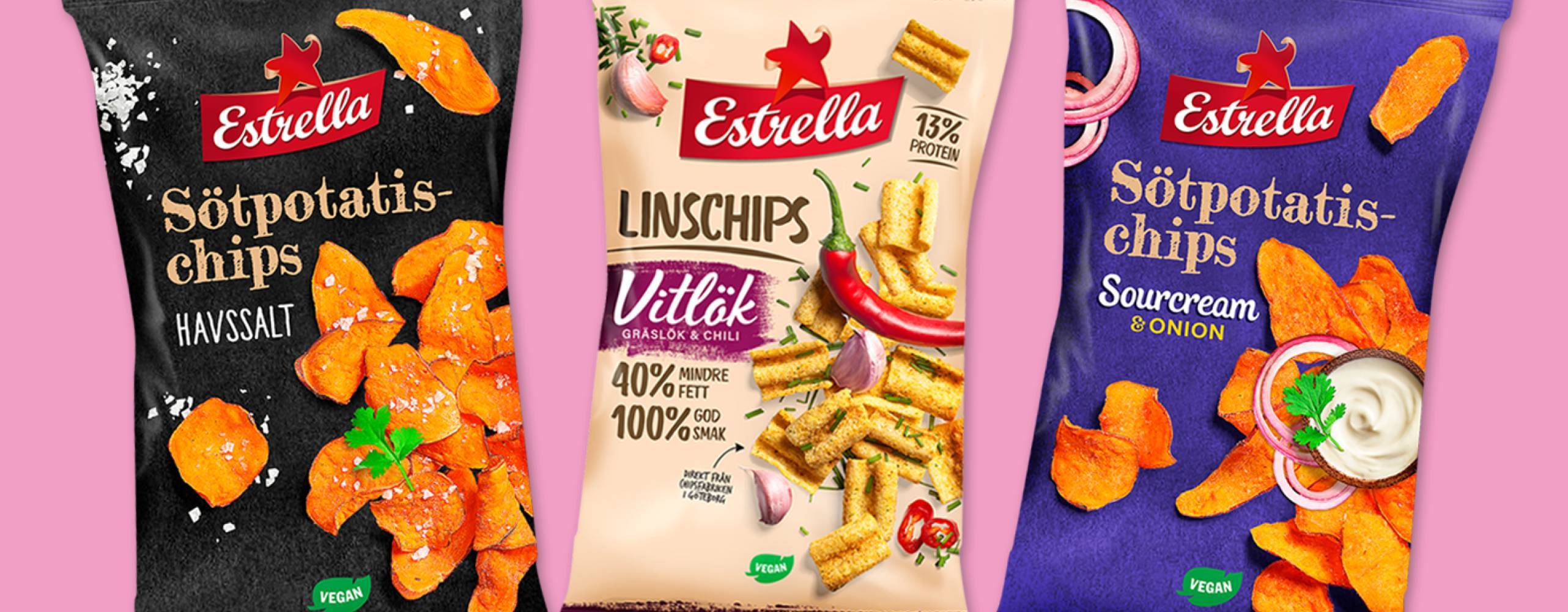 Tre nya sorters chips från Estrella, i förpackning mot rosa bakgrund