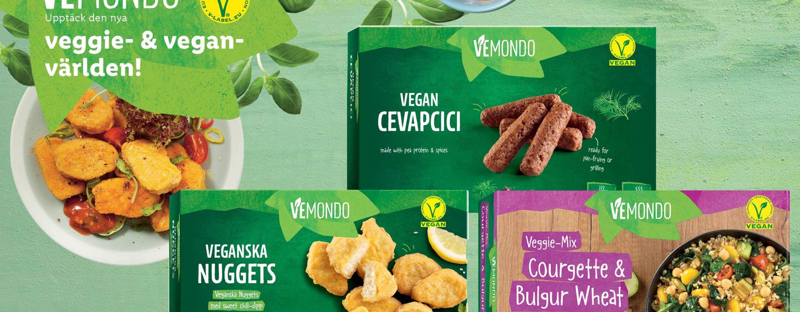 Veganska produkter från Vemonod/Lidl i förpackning, mot grön bakgrund med texten "Upptäck den nya veggie- och veganvärlden!"