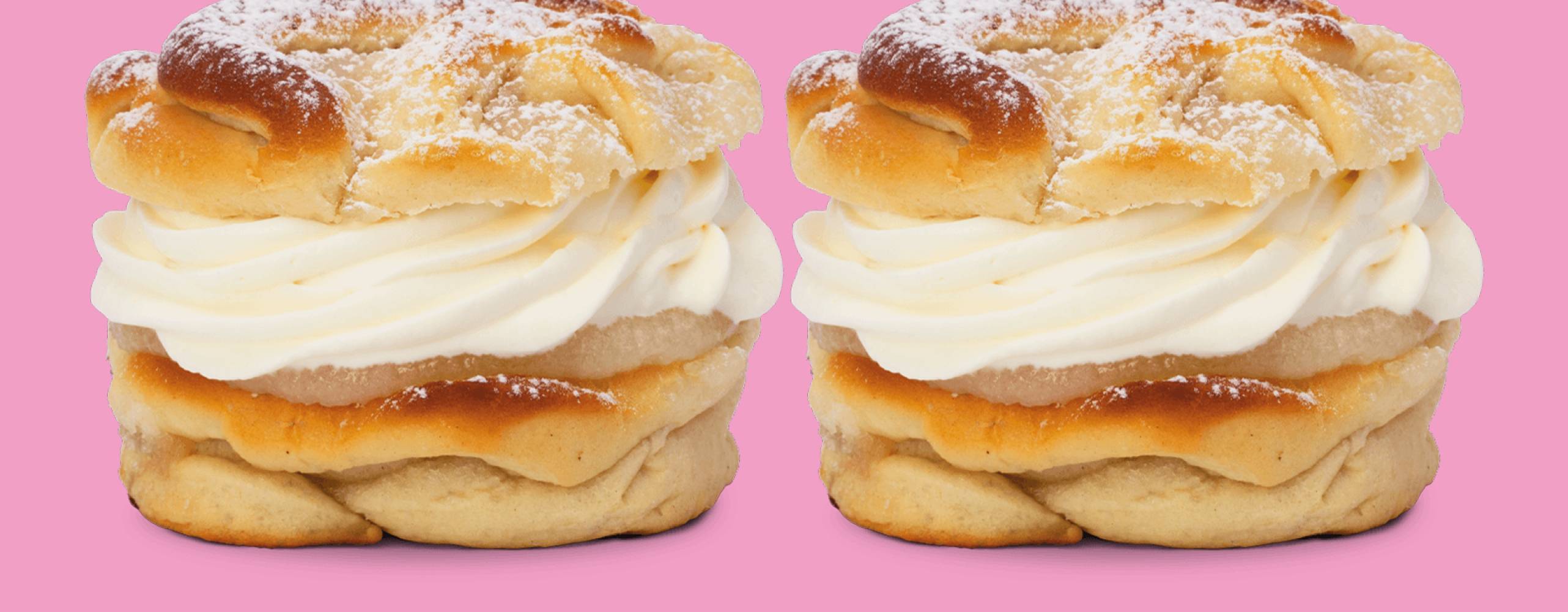 Veganska semmelsnäckor från Espresso House, mot rosa bakgrund.