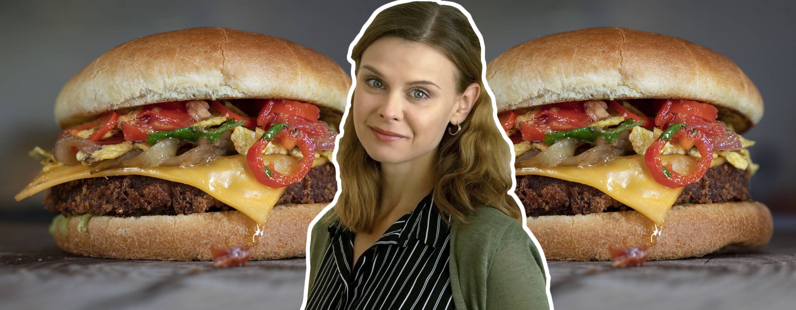 BORES veganska "månadens burgare" Vegan FriYay, med Välj Vegos redaktör Matilda Andersson inklippt i bild.