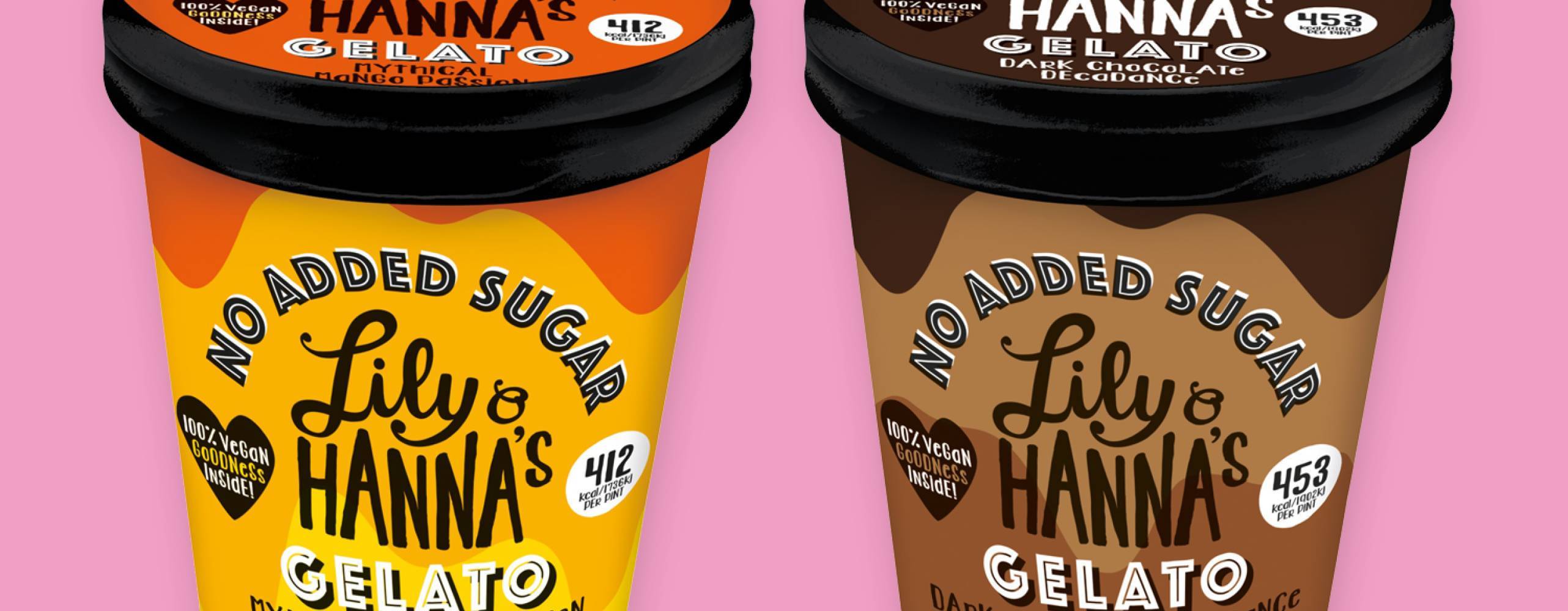 Lily &amp; Hanna's veganska gelato utan tillsatt socker, i smakerna Dark Chocolate Decadence och Mythical Mango Passion