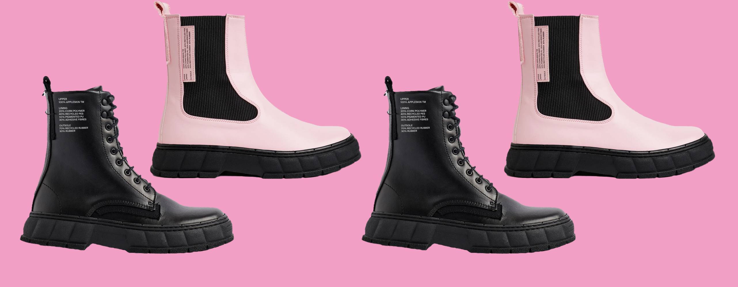 Uppradade kängor i svart och rosa mot en rosa bakgrund