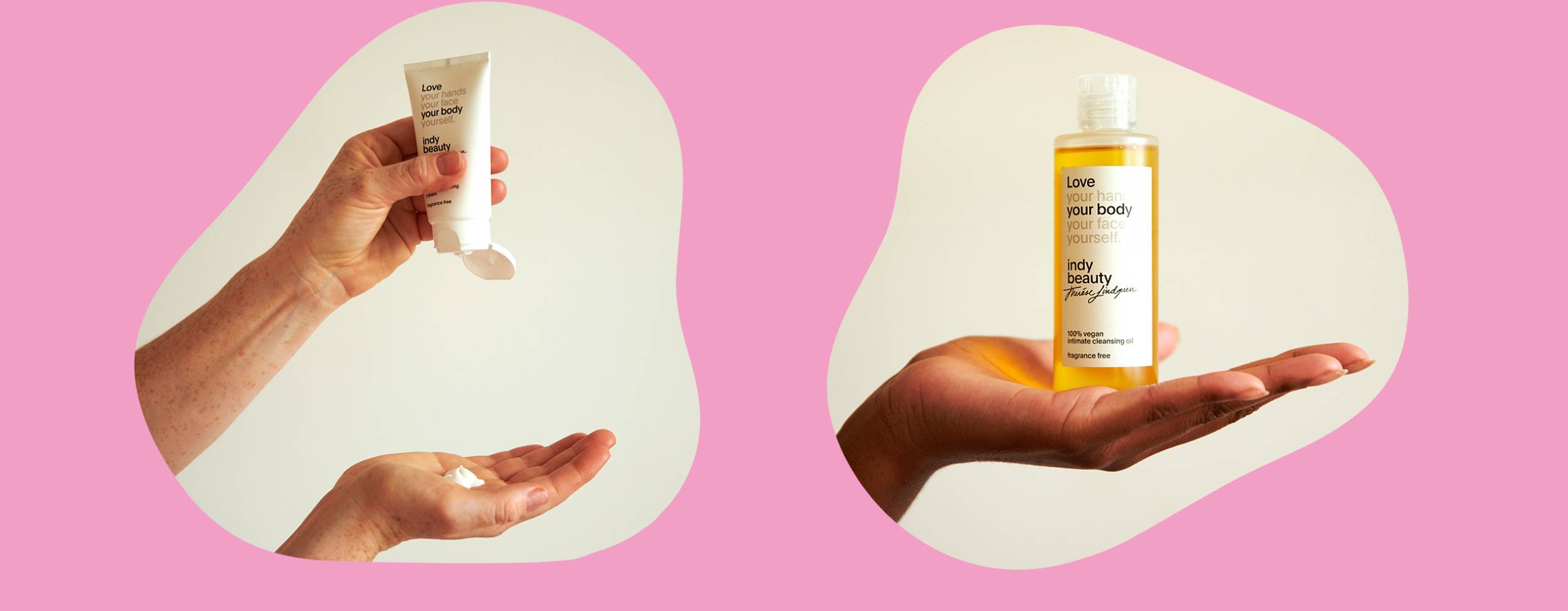 Ett foto med en hand som klämmer ut kräm ur en tub i en annan hand samt ett till foto där en hand håller en olja, båda foton är mot en rosa bakgrund.