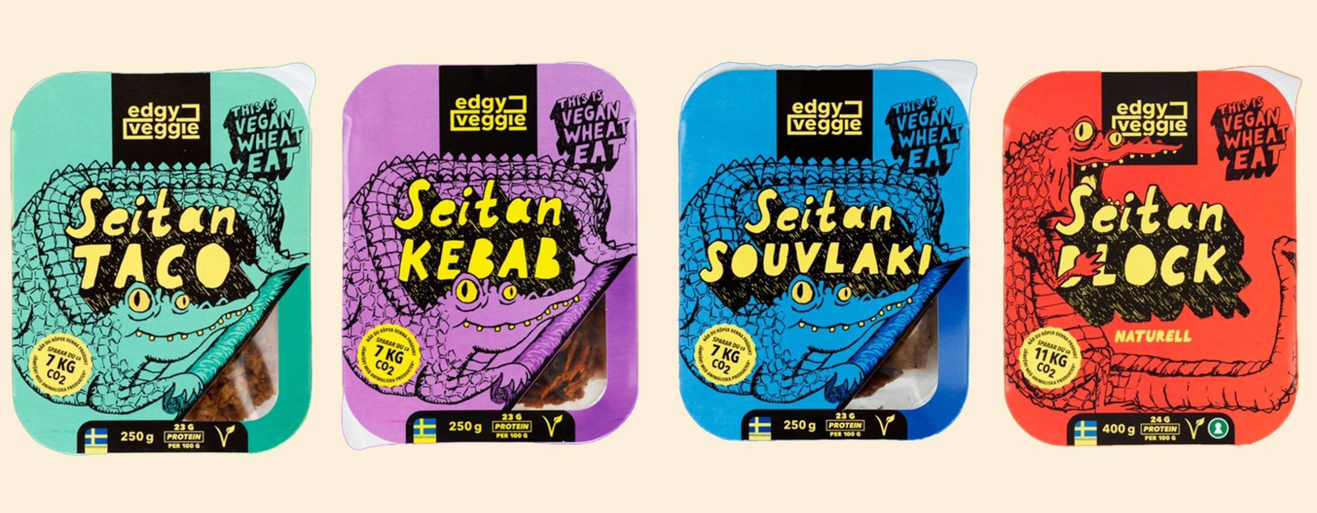 Uppradade förpackningar med seitan i olika färger mot en ljusgul bakgrund.