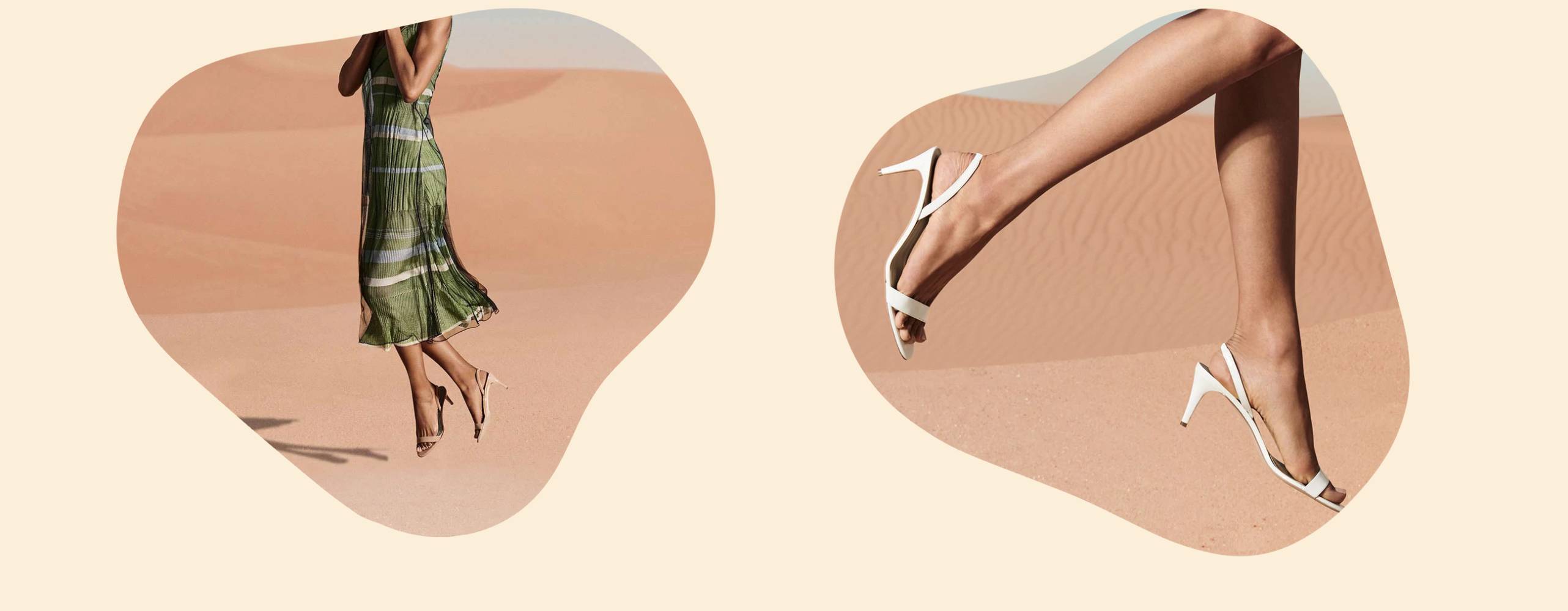 två foton med modeller som visar upp skor i öknen urklippta mot en ljusgul bakgrund.