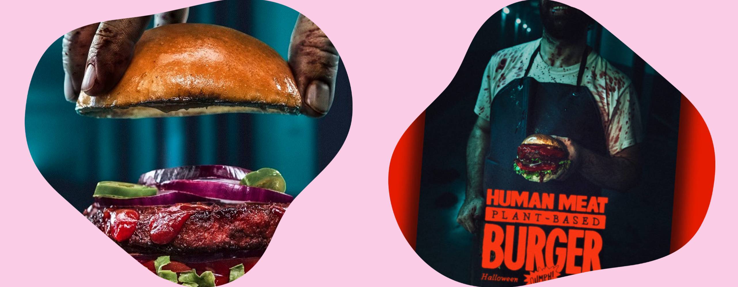 Ett foto av en växtbaserad burgare med ett till foto på en slaktare mot en ljurosa bakgrund.