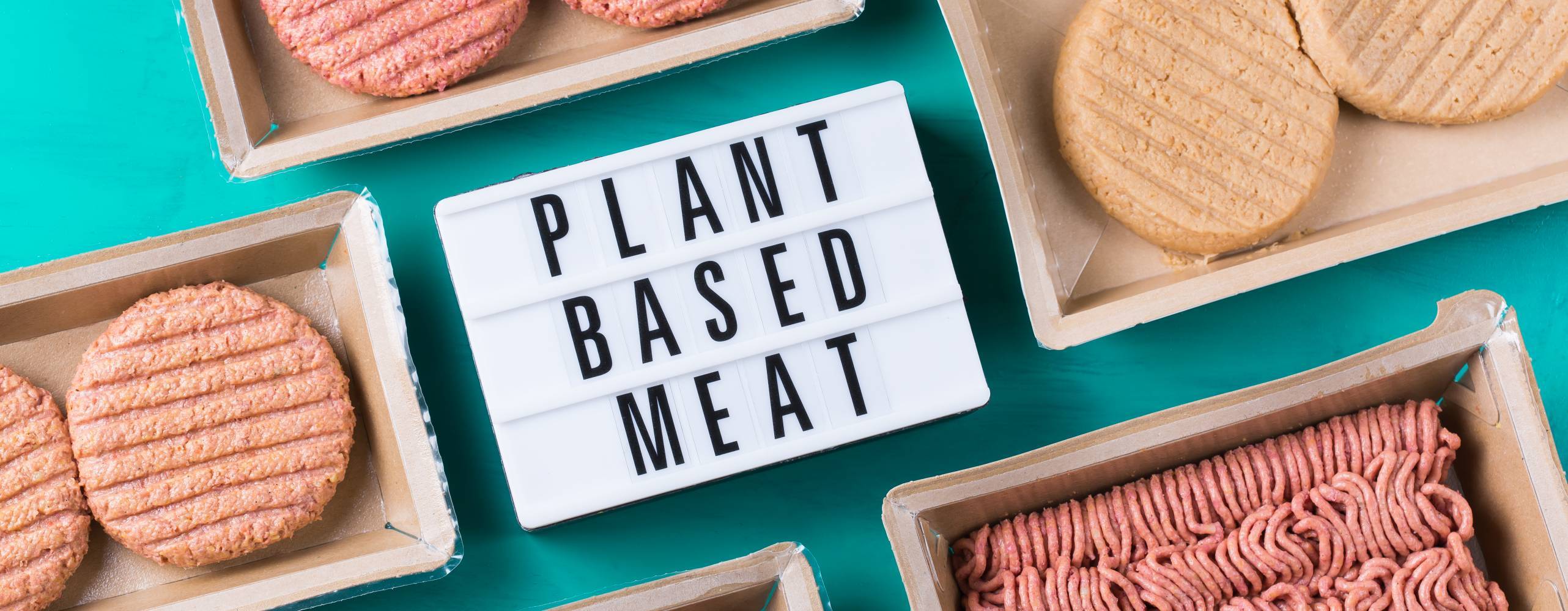 Växtbaserade köttsorrter som burgare, korv och färs, upplagda på ett turkost bord.