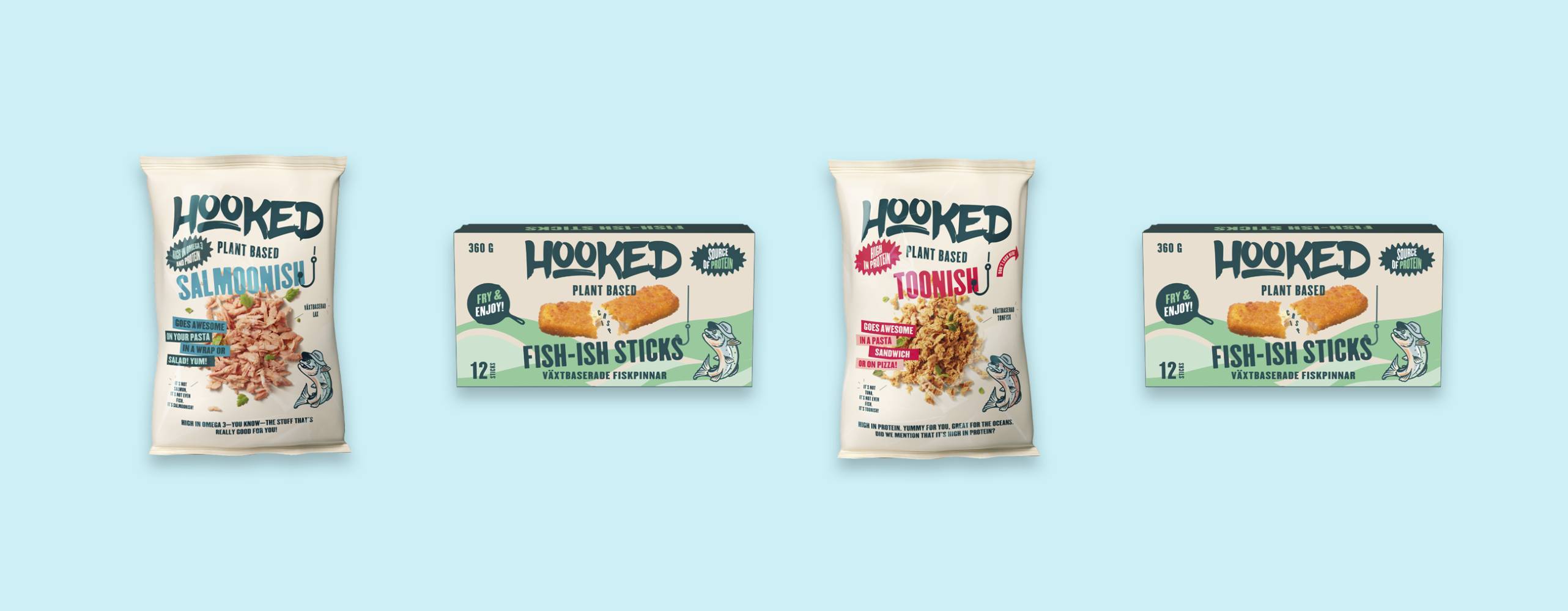 Växtbaserade fiskalternativ uppradade mot en ljusblå bakgrund.